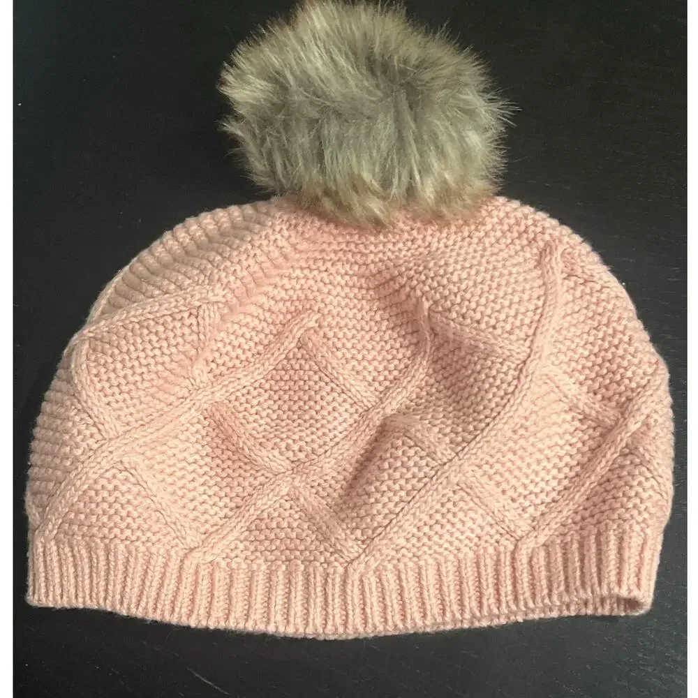 PInk Cable Knit Baby Hat with Faux Fur‎ Pom-Pom - Size 6-12 months